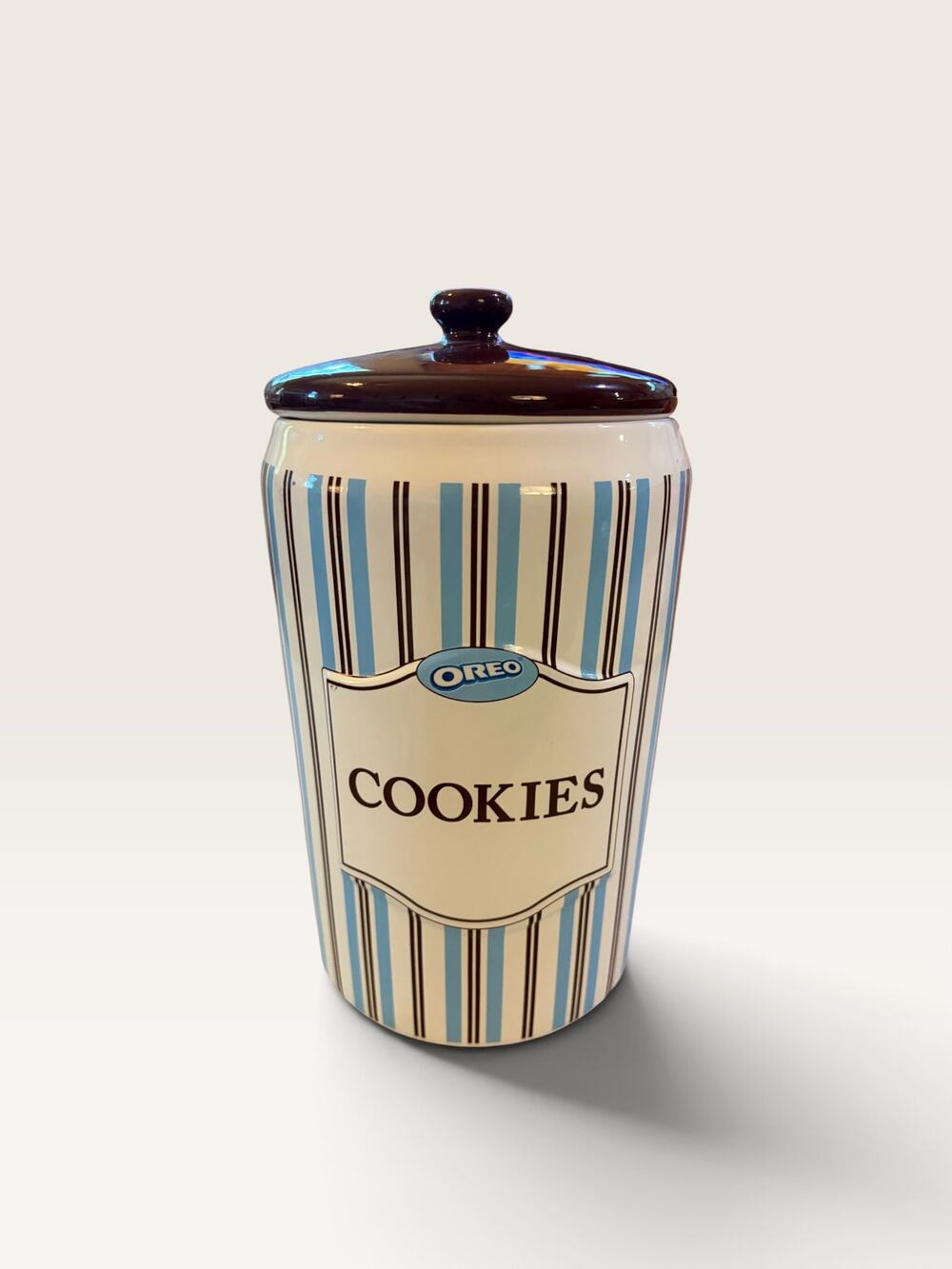 Vtg Oreo Cookie jar Houston harvest striped ceramic canister brown and blue
